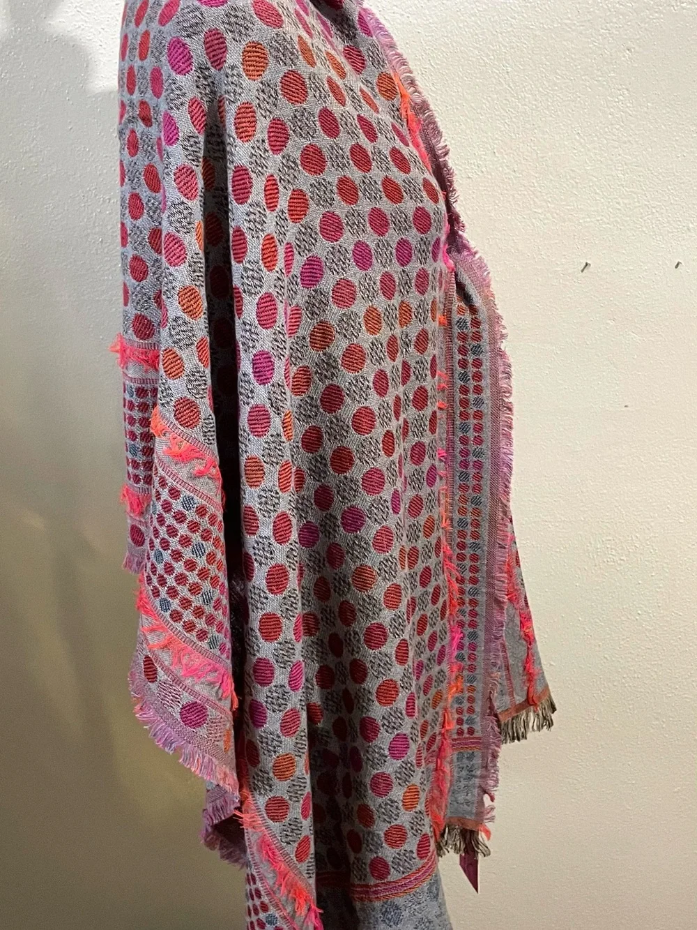 Mi Princena Ines NWT Gray Pink Polka Dot Woven Shawl Wrap Fringe Wool Scarf